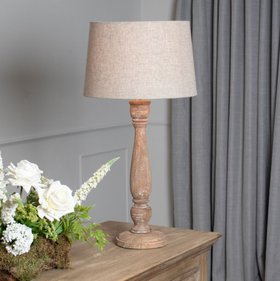 Natural Wash Acacia Wood Candlestick Table Lamp with Cream Tapered Linen Shade – Hand-Turned Wooden Bedside & Side Table Light 70x36x36cm