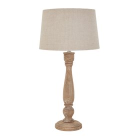 Natural Wash Acacia Wood Candlestick Table Lamp with Cream Tapered Linen Shade – Hand-Turned Wooden Bedside & Side Table Light 70x36x36cm