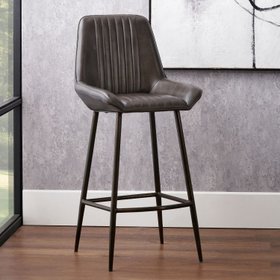 Vintage Dark Brown Leather Bar Stool with Interchangeable Black & Bronze Metal Legs – Channel-Stitched Ribbed Retro Bar Stool 105x45x58cm