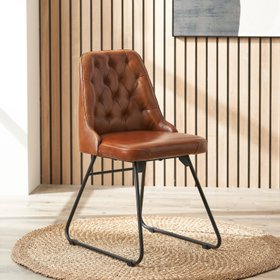 Vintage Brown Leather Dining Chair with Black Metal Legs – Diamond Stitched Upholstered Industrial Chair 84x45x56cm