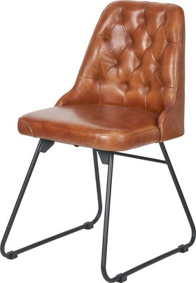 Vintage Brown Leather Dining Chair with Black Metal Legs – Diamond Stitched Upholstered Industrial Chair 84x45x56cm