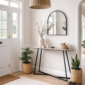 Light Grey Oak Veneer Slim Console Table with Curved Edges & Tapered Black Metal Legs – Scandinavian Narrow Hallway Table H80xW120xD40cm