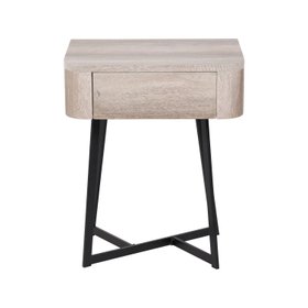 Light Grey Oak Veneer Side Table with 1 Drawer & Tapered Black Metal Frame – Scandinavian Bedside Table 60x50x40cm