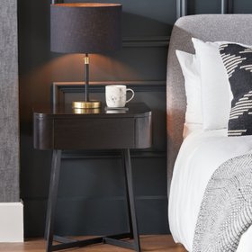 Black Ash Veneer Side Table with 1 Drawer & Tapered Black Metal Frame – Scandinavian Bedside Table 60x50x40cm