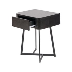 Black Ash Veneer Side Table with 1 Drawer & Tapered Black Metal Frame – Scandinavian Bedside Table 60x50x40cm