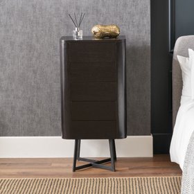 Black Ash Veneer 5 Drawer Chest of Drawers with Tapered Black Metal Legs – Scandinavian Tallboy Unit H100xW50xD40cm
