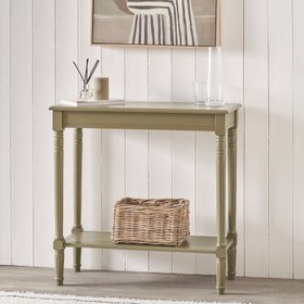 Narrow Khaki Olive Green Wooden Console Table with Shelf – Slim Pine Console Table for Hallway with Turned Legs & Lower Storage 80x80x36cm