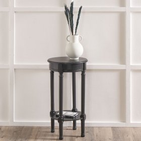 Narrow Black Wooden Round Side Table with Shelf – Slim Pine Bedside, Accent or Occasional Table with Turned Legs & Lower Storage 72x40x40cm