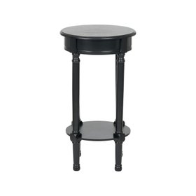 Narrow Black Wooden Round Side Table with Shelf – Slim Pine Bedside, Accent or Occasional Table with Turned Legs & Lower Storage 72x40x40cm