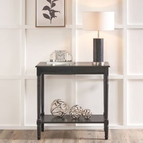 Narrow Black Wooden Console Table with Shelf – Slim Pine Console Table for Hallway with Turned Legs & Lower Storage 80x80x36cm