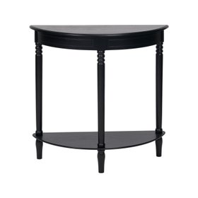 Narrow Black Wooden Half Moon Console Table with Shelf – Slim Pine Console Table for Hallway with Turned Legs & Lower Storage 80x80x30cm