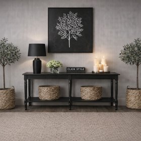 Large Black Wooden Console Table with Shelf – Long Pine Hallway Console Table with Turned Legs & Lower Storage 80x160x40cm