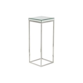 Tall Mirrored Glass & Silver Metal Square Side Table – Slim Accent or Sofa Side Table with Mirrored Bevelled Edge Top 77x30x30cm