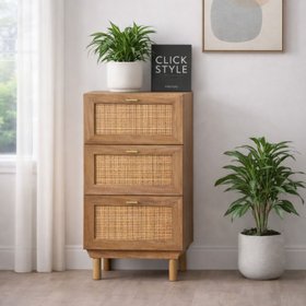 Natural Rattan 3 Drawer Wooden Chest of Drawers with Wood Veneer – Slim Tallboy Storage Unit with Raised Legs 98x43x33cm