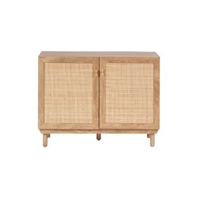 Natural Rattan 2 Door Storage Cabinet with Wood Veneer – Wooden Sideboard Cupboard with Shelves & Raised Legs 80x107x39cm