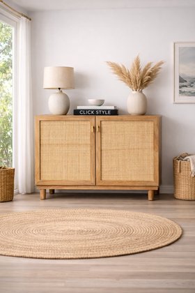 Natural Rattan 2 Door Storage Cabinet with Wood Veneer – Wooden Sideboard Cupboard with Shelves & Raised Legs 80x107x39cm