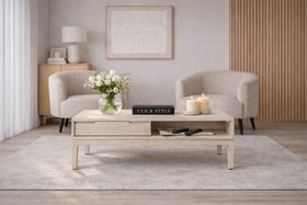 Modern Scandi Whitewashed Acacia Wood Coffee Table with Cut-Out Handle Drawer & Open Shelf Storage – Contemporary Living Room Coffee Table 41×120×60cm
