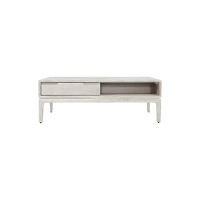 Modern Scandi Whitewashed Acacia Wood Coffee Table with Cut-Out Handle Drawer & Open Shelf Storage – Contemporary Living Room Coffee Table 41×120×60cm