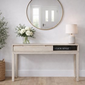 Modern Scandi Whitewashed Acacia Wood Console Table with Drawer & Open Shelf Storage – Contemporary Wooden Hallway Table 80x120x40cm