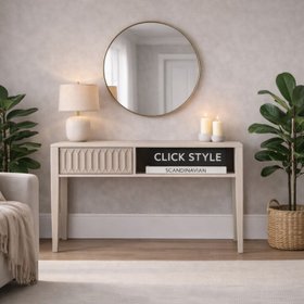 Modern Scandi Light Grey Wash Mango Wood Console Table – Handleless Carved Textured Drawer Front with Open Shelf Storage Hallway Table 80x120x35cm