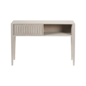 Modern Scandi Light Grey Wash Mango Wood Console Table – Handleless Carved Textured Drawer Front with Open Shelf Storage Hallway Table 80x120x35cm