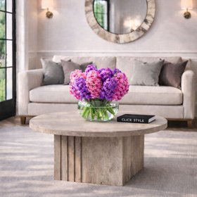 Stone Concrete Effect Finish Round Coffee Table with Vertical Grooved Pedestal Base 80x80x40cm