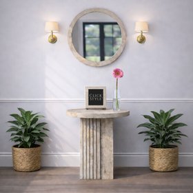 Stone Concrete Effect Round Side Table with Grooved Pedestal Base 50x40x40cm