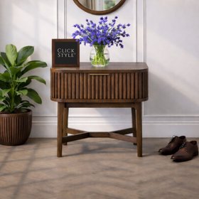 Scandi Retro Ribbed Dark Brown Oak Wood 1 Drawer Side Table with Gold Handle 65x56x38cm