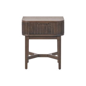 Scandi Retro Ribbed Dark Brown Oak Wood 1 Drawer Side Table with Gold Handle 65x56x38cm