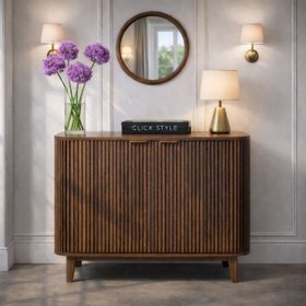 Scandi Retro Ribbed Dark Brown Oak Wood 2 Door Bar Cabinet with Gold Handles 100x100x38cm