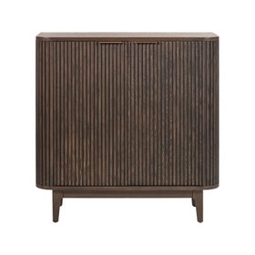 Scandi Retro Ribbed Dark Brown Oak Wood 2 Door Bar Cabinet with Gold Handles 100x100x38cm