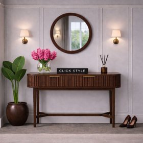 Scandinavian Retro Ribbed Dark Brown Oak 2 Drawer Console Table with Slim Gold Handles 80x100x38cm