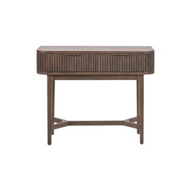 Scandinavian Retro Ribbed Dark Brown Oak 2 Drawer Console Table with Slim Gold Handles 80x100x38cm