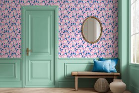 ‘Blossom Trail’ wallpaper in pastel pink and blue