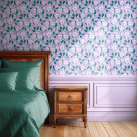 ‘Blossom Trail’ wallpaper in lavender and mint green
