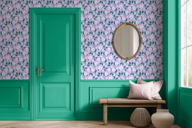 ‘Blossom Trail’ wallpaper in lavender and mint green