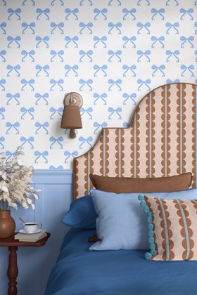 ‘Bubbles’ fabric with scallops and stripes in brown and blue