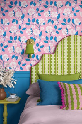 ‘Blossom Trail’ wallpaper in pastel pink and blue