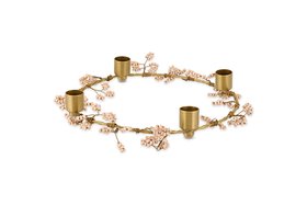 Anu Mango Wood Beaded Candle Holder In Brass & Natural