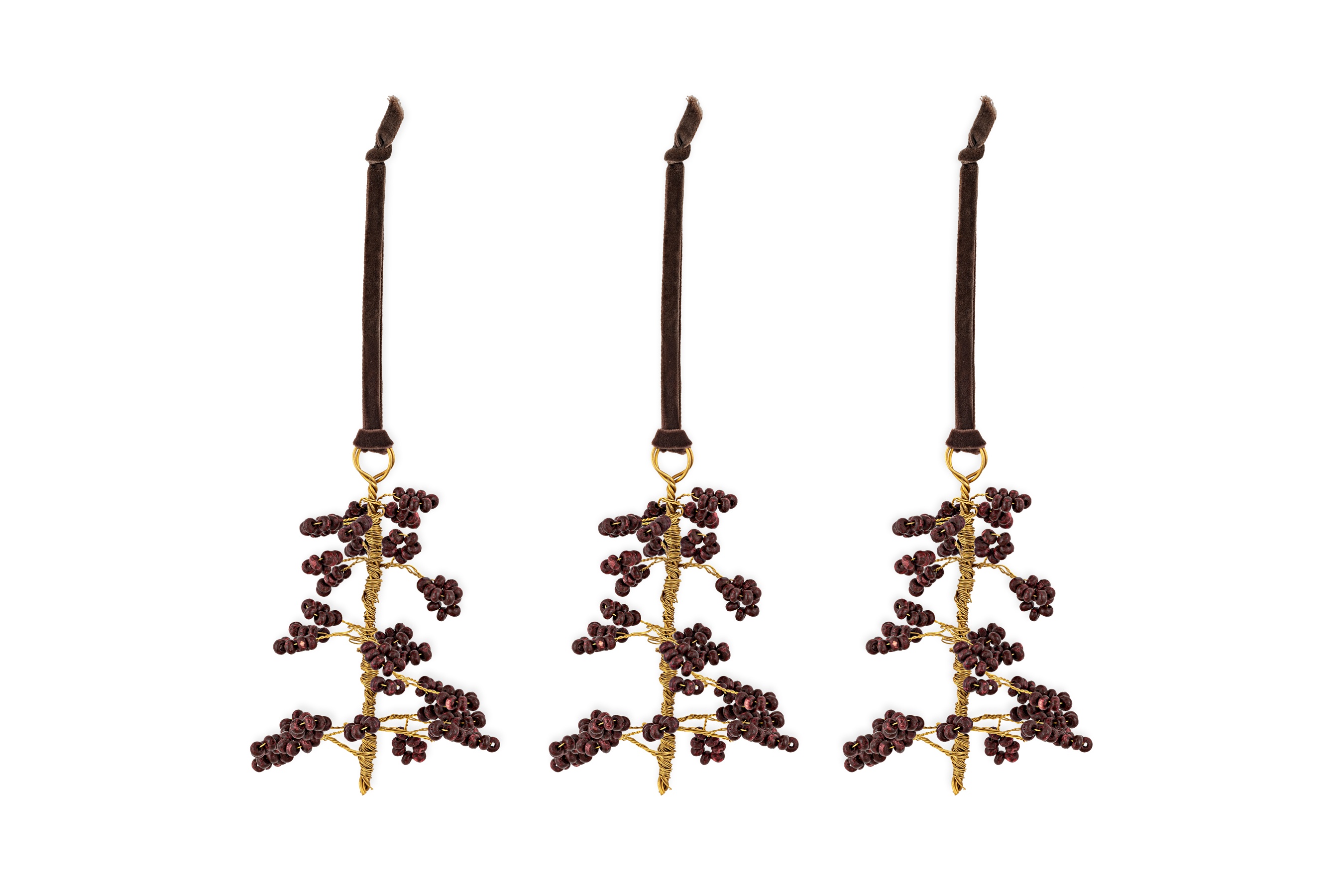 Tanu Mango Wood Beaded Baubles Brass & Ruby Set Of 3