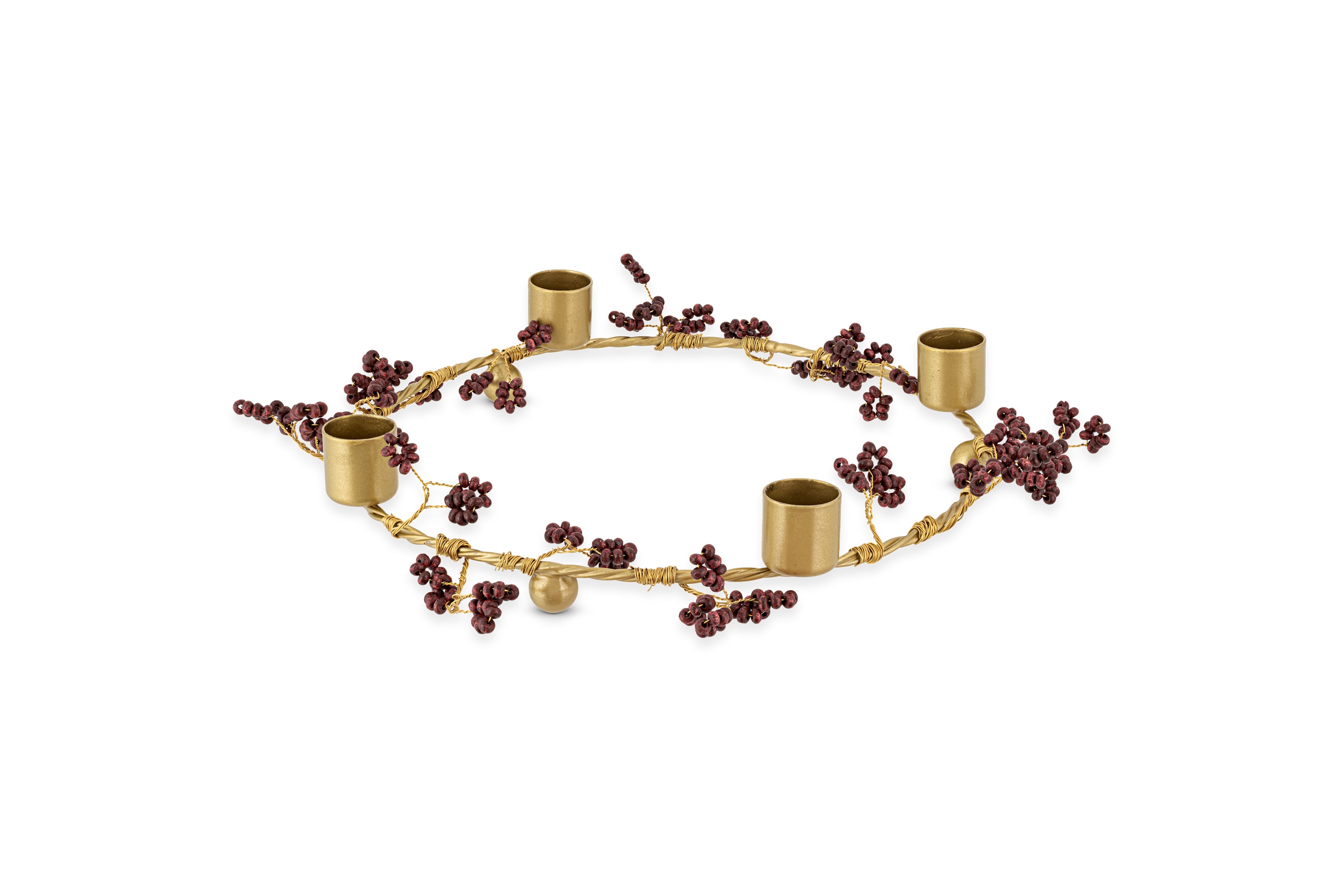 Tanu Mango Wood Beaded Candle Holder Brass & Ruby
