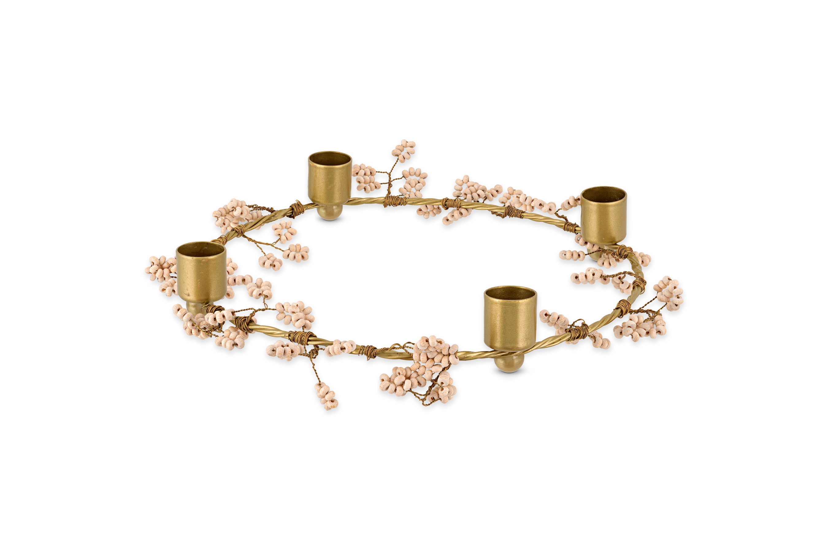 Anu Mango Wood Beaded Candle Holder In Brass & Natural