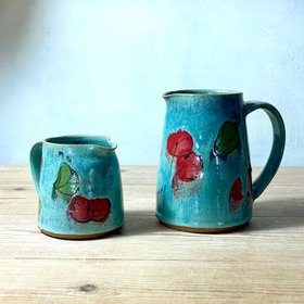 Straight Sided Medium Jug – Cherry and Leaf on Eau de Nil by Judy Caplin Ceramics