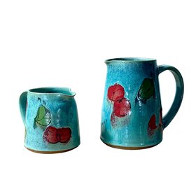 Straight Sided Medium Jug – Cherry and Leaf on Eau de Nil by Judy Caplin Ceramics