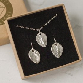 Silver Baby Rose Leaf Earrings & Necklace Set