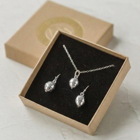 Silver Baby Acorn Earrings & Necklace Set