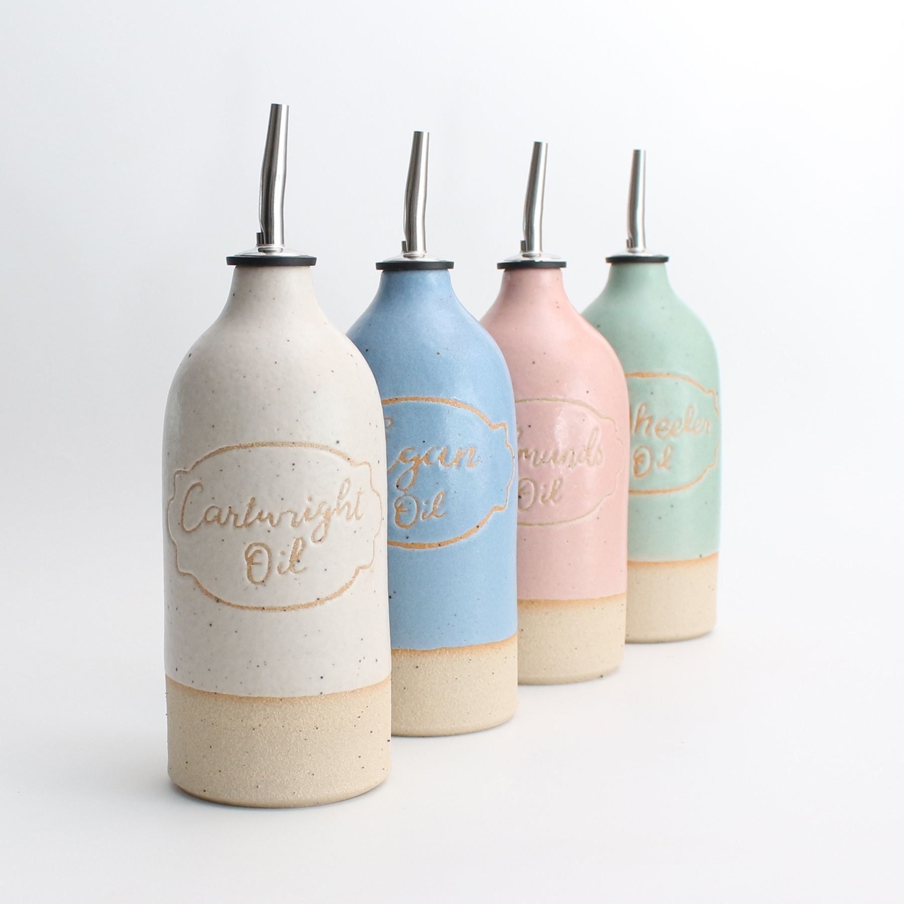Personalised Oil Pourer Green, Blue, Pink and White