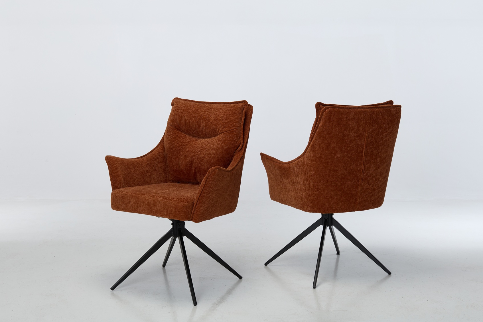 (Set of 2 Chairs) Cali Swivel Dining Chairs, Burnt Orange Deluxe Woven Chenille With Black Metal Legs