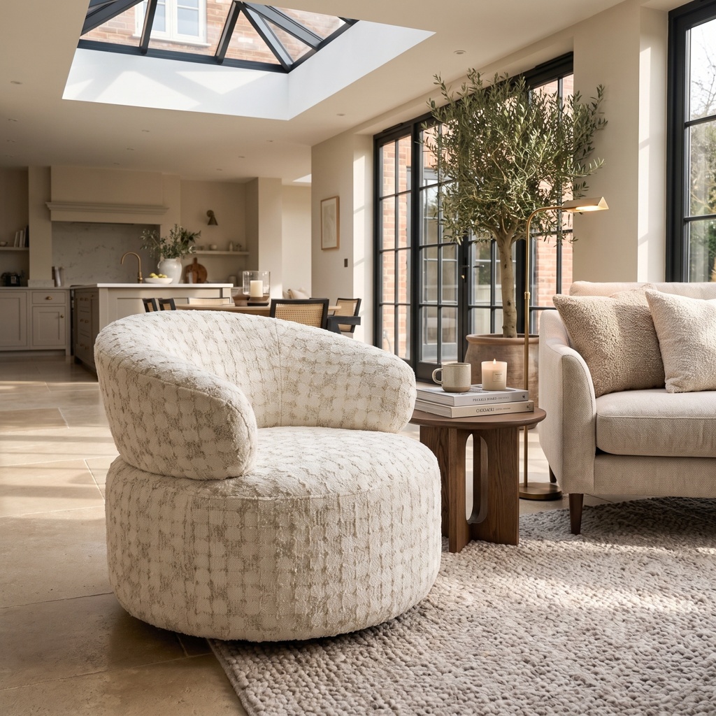Vera 360° Swivel Accent Chair, Ecru Textured Pattern