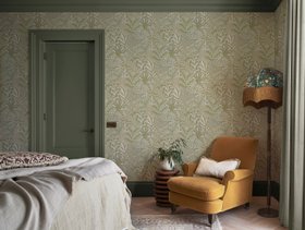 Vendura Weave Sage Wallpaper and Wallace Chalk Curtains